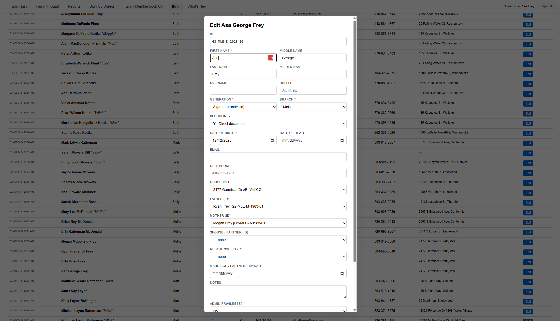 The Edit Person form showing name, birthday, email, phone, and other fields, with Date of Birth marked required.