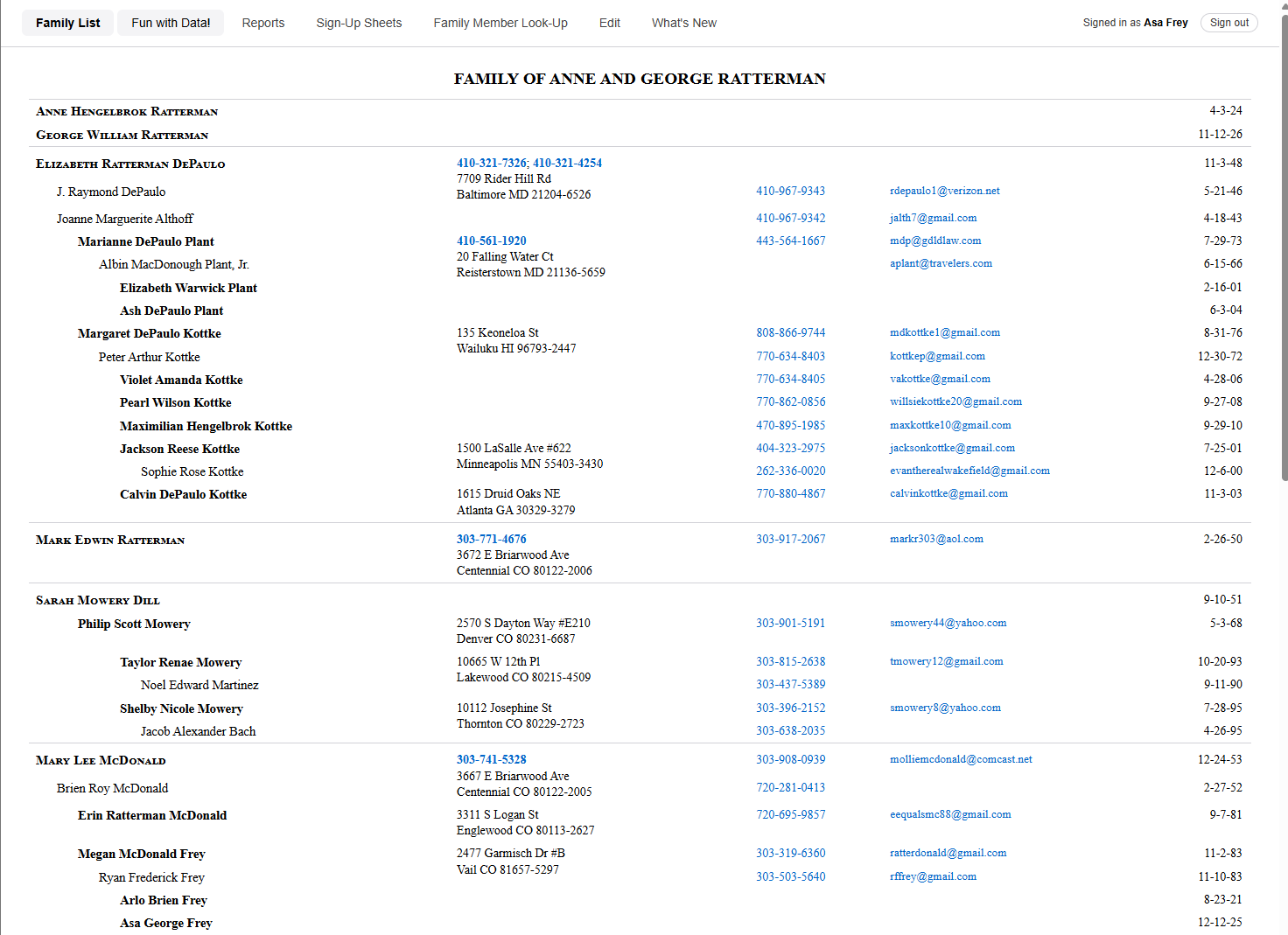 The Family List page showing family members grouped by household with address, phone, email, and birthday.