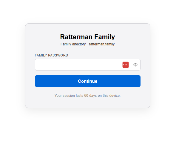 The sign-in screen with a box for the shared family password and a Continue button.