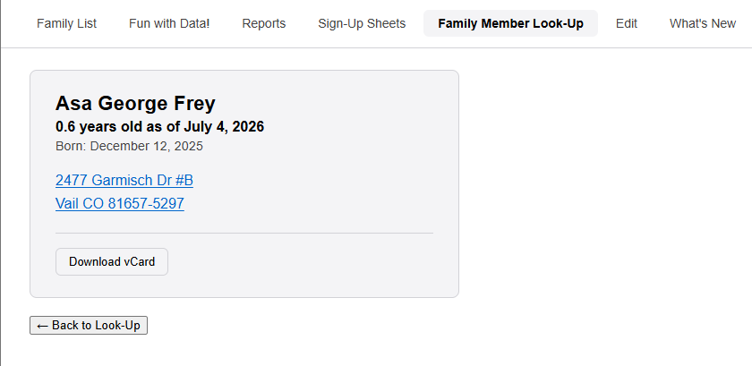 A person's result card showing their age, birthday, address, phone numbers, email, and a Download vCard button.