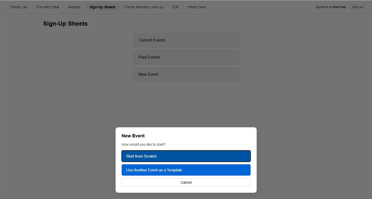The New Event pop-up asking how to start: Start from Scratch, or Use Another Event as a Template.