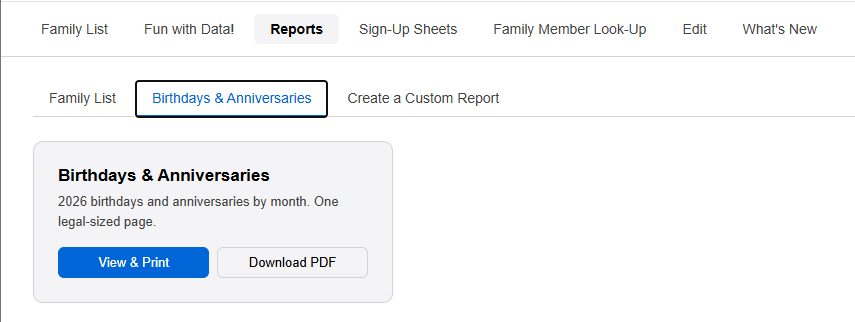 The Reports page Birthdays and Anniversaries tab.