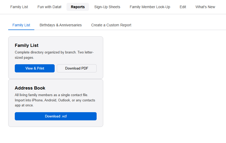 The Reports page Family List tab, showing the Family List card and the Address Book card.