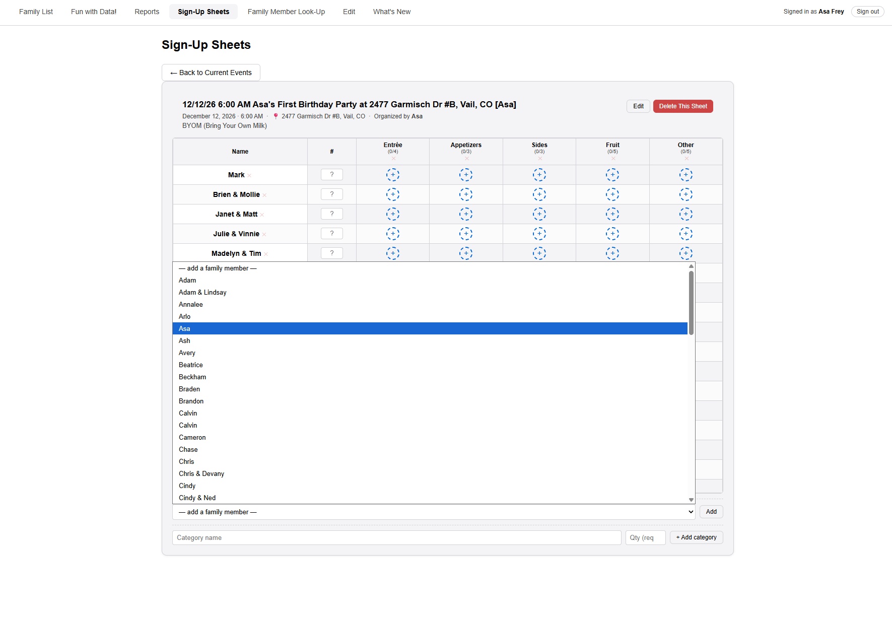 An open sign-up sheet with the 'add a family member' drop-down list showing and Asa's name highlighted.
