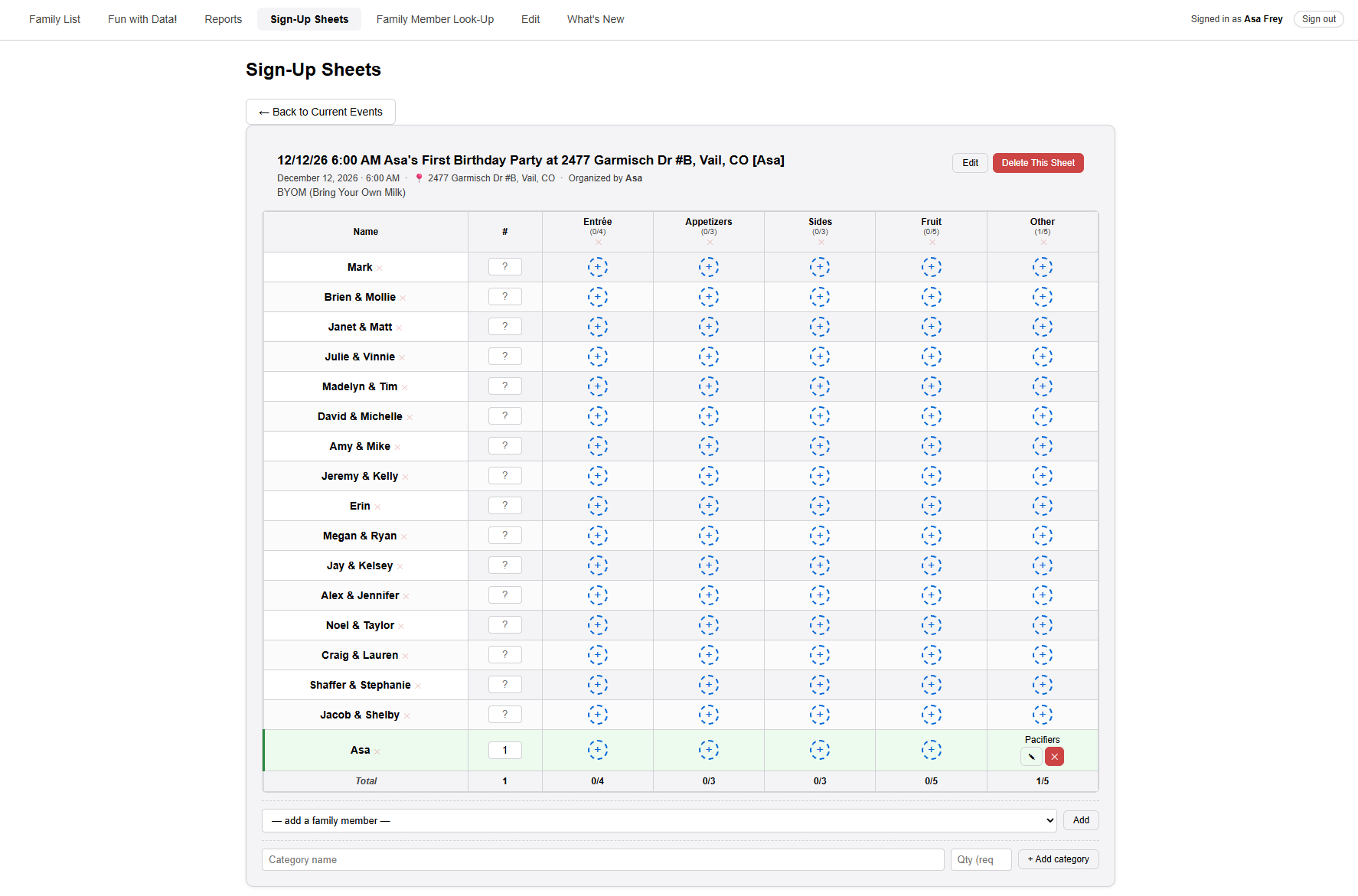 An open sign-up sheet grid with family members in rows and food categories in columns. Asa's row is highlighted at the bottom, and every empty cell shows a plus button.