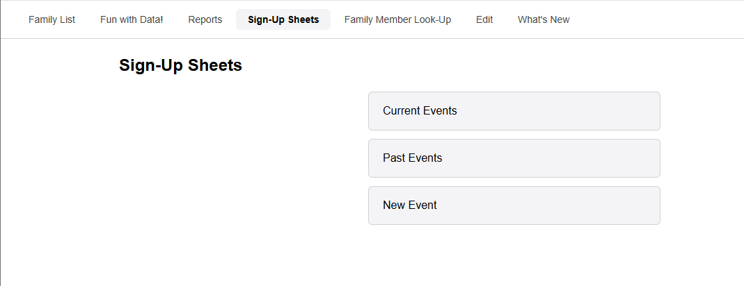 The Sign-Up Sheets page with three buttons: Current Events, Past Events, and New Event.
